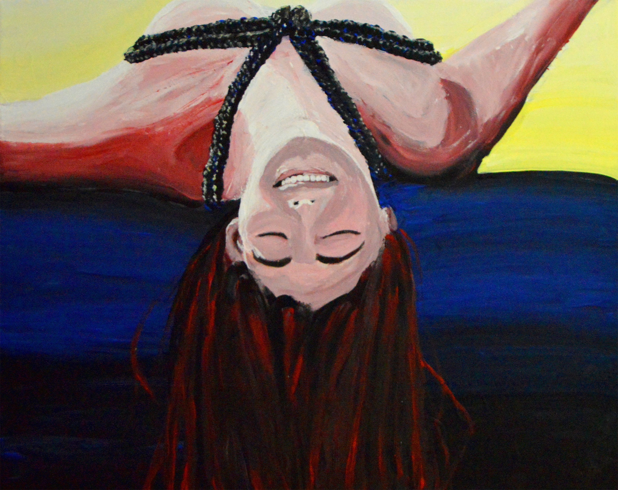 Painting of a bound woman lying upside down with hair falling down.