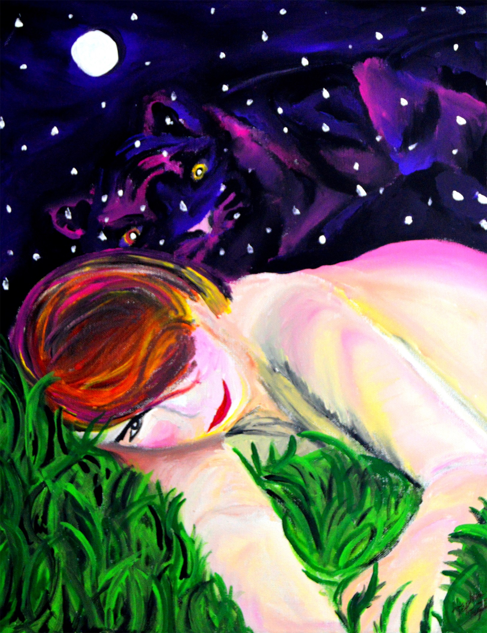 Nightscape of a woman lying naked in the grass underneath the stars with a tiger in the clouds.
