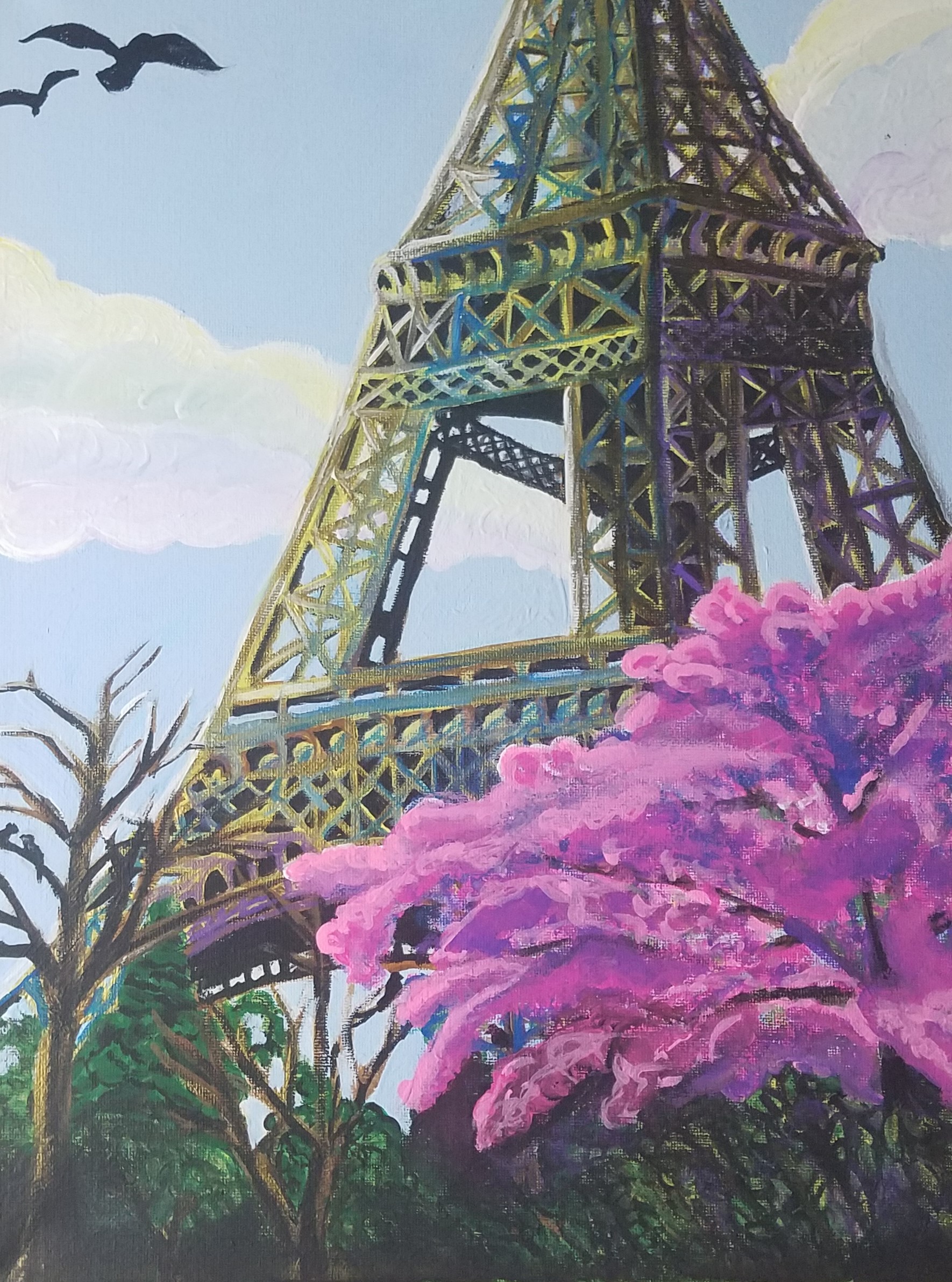 Painting of the Eiffel Tower in the spring in a flowering park.