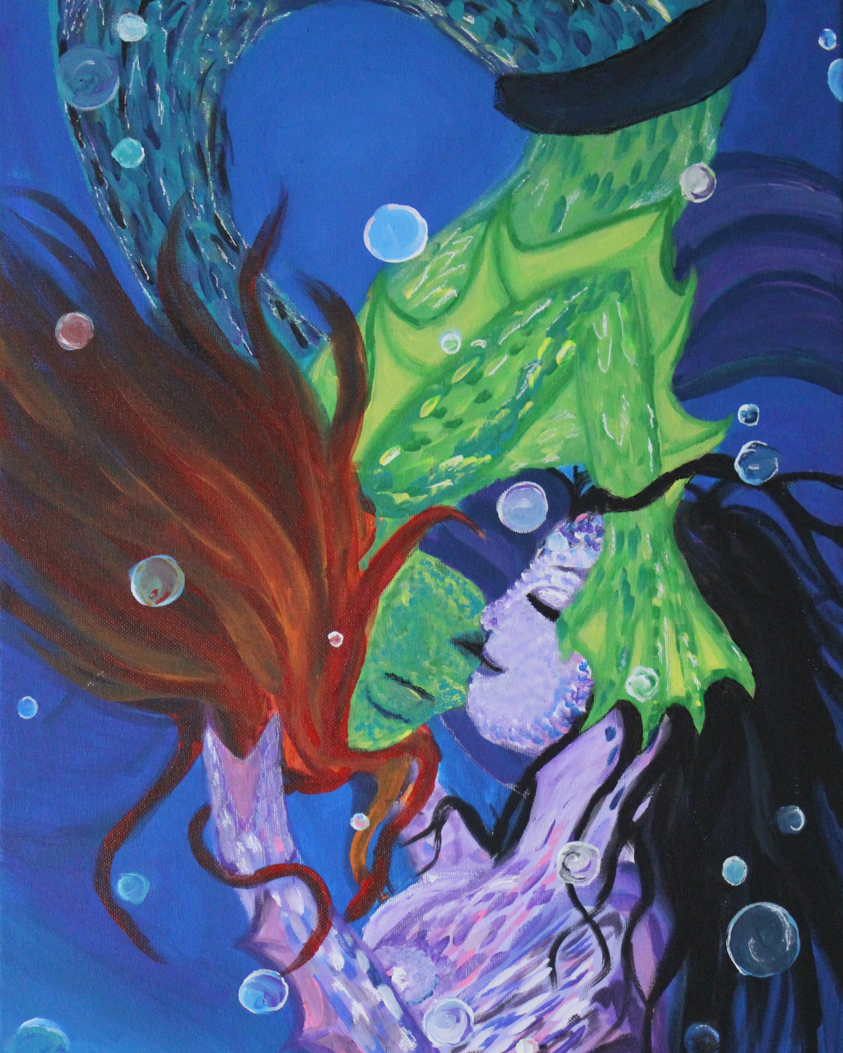 Painting of two brightly colored mermaids kissing underwater.