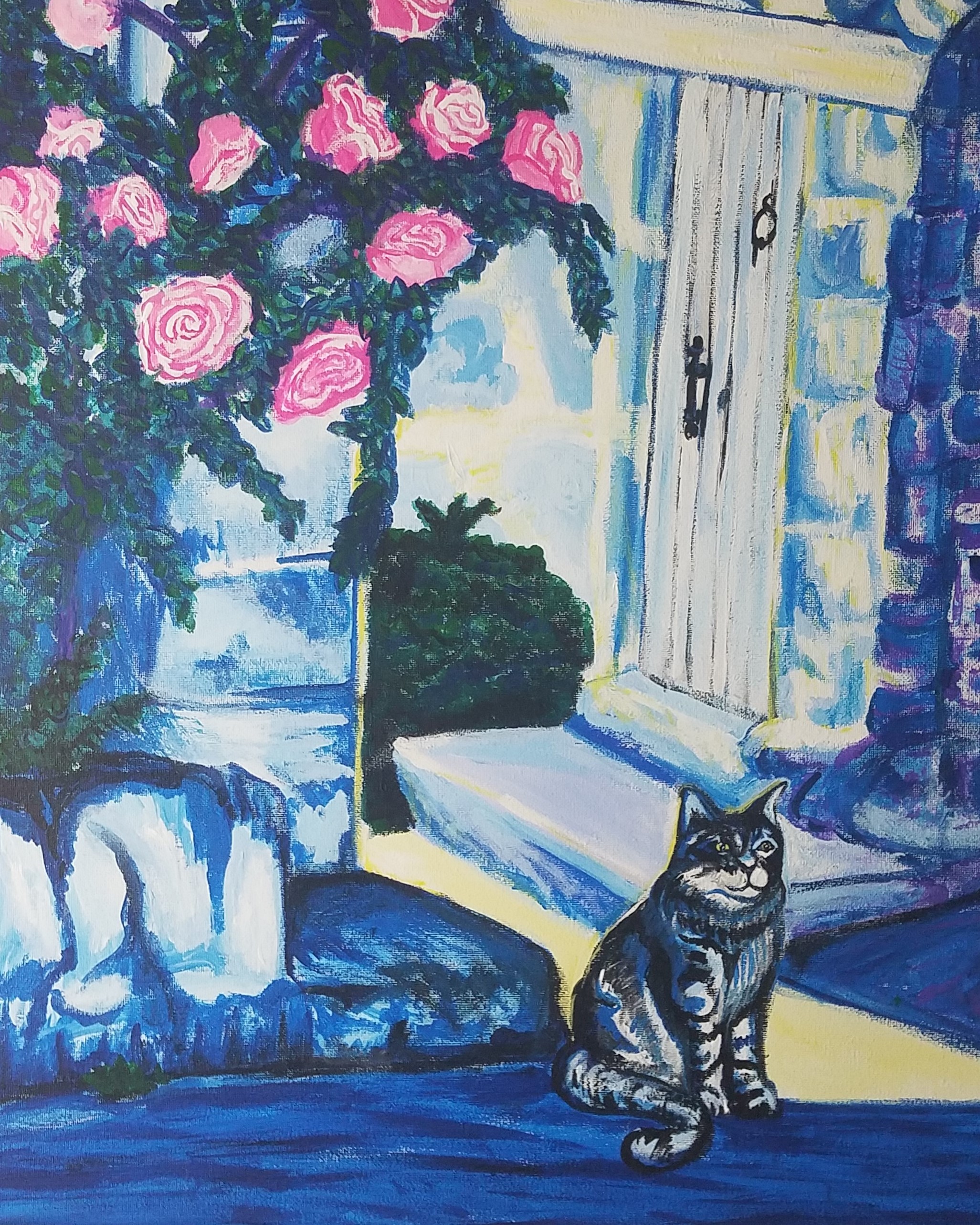 Painting of a cat on the streets of Provence in shades of Blue