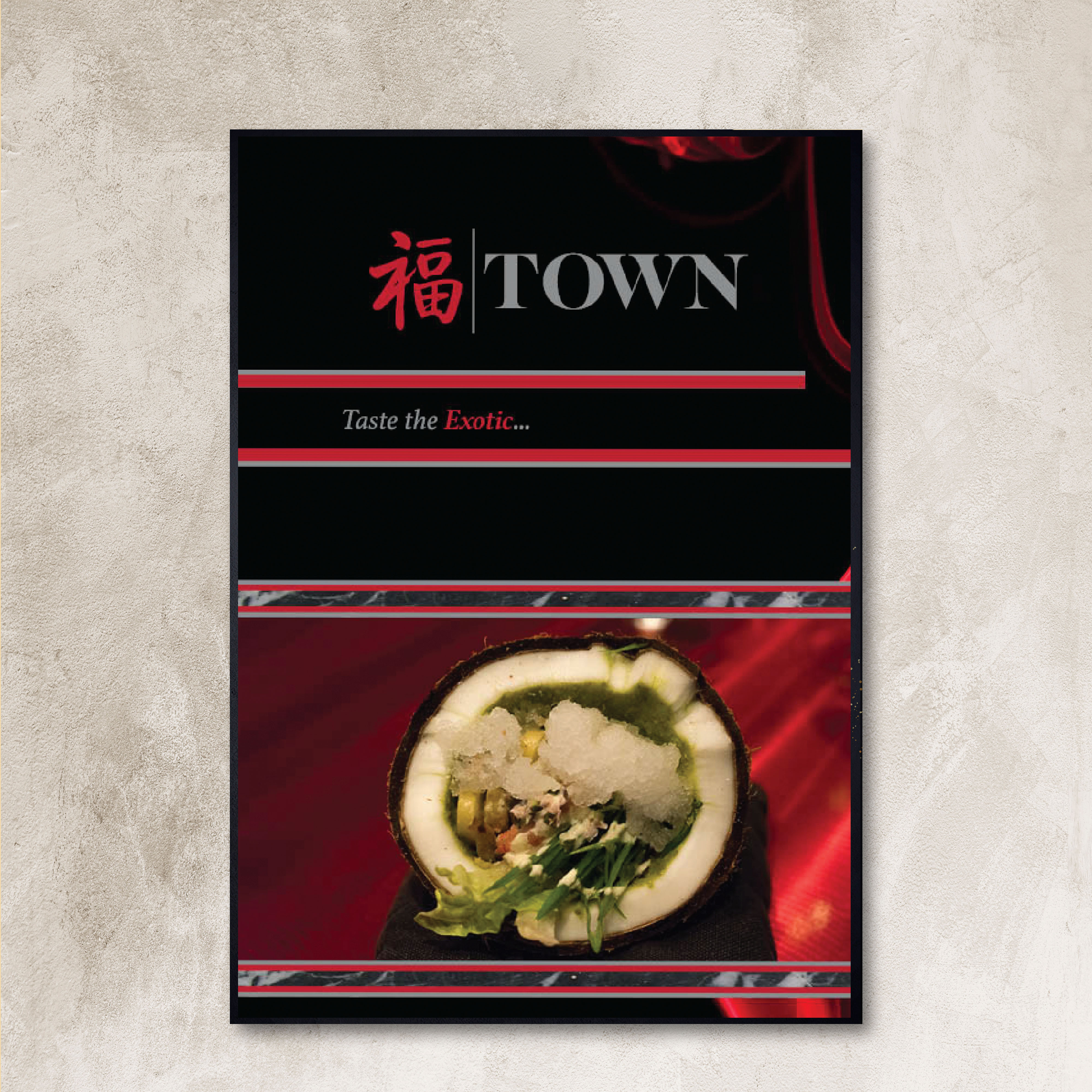 Menu Cover for highend Chinese Restaurant. Town Logo, and picture of cocanut stuffed with meat and garnish.