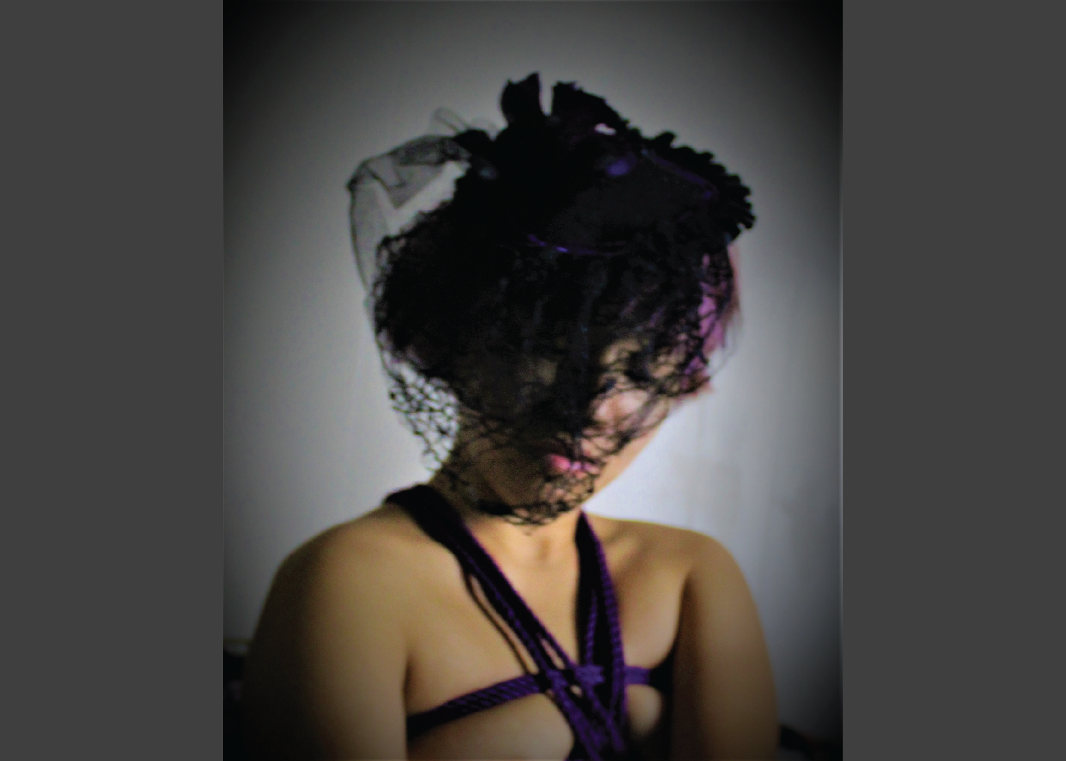 Photo of a Beautiful Woman wearing a birdcage vail hat partially obscuring her face, tanned skin, short light pink hair, bound in a purple rope chest harness, topless.