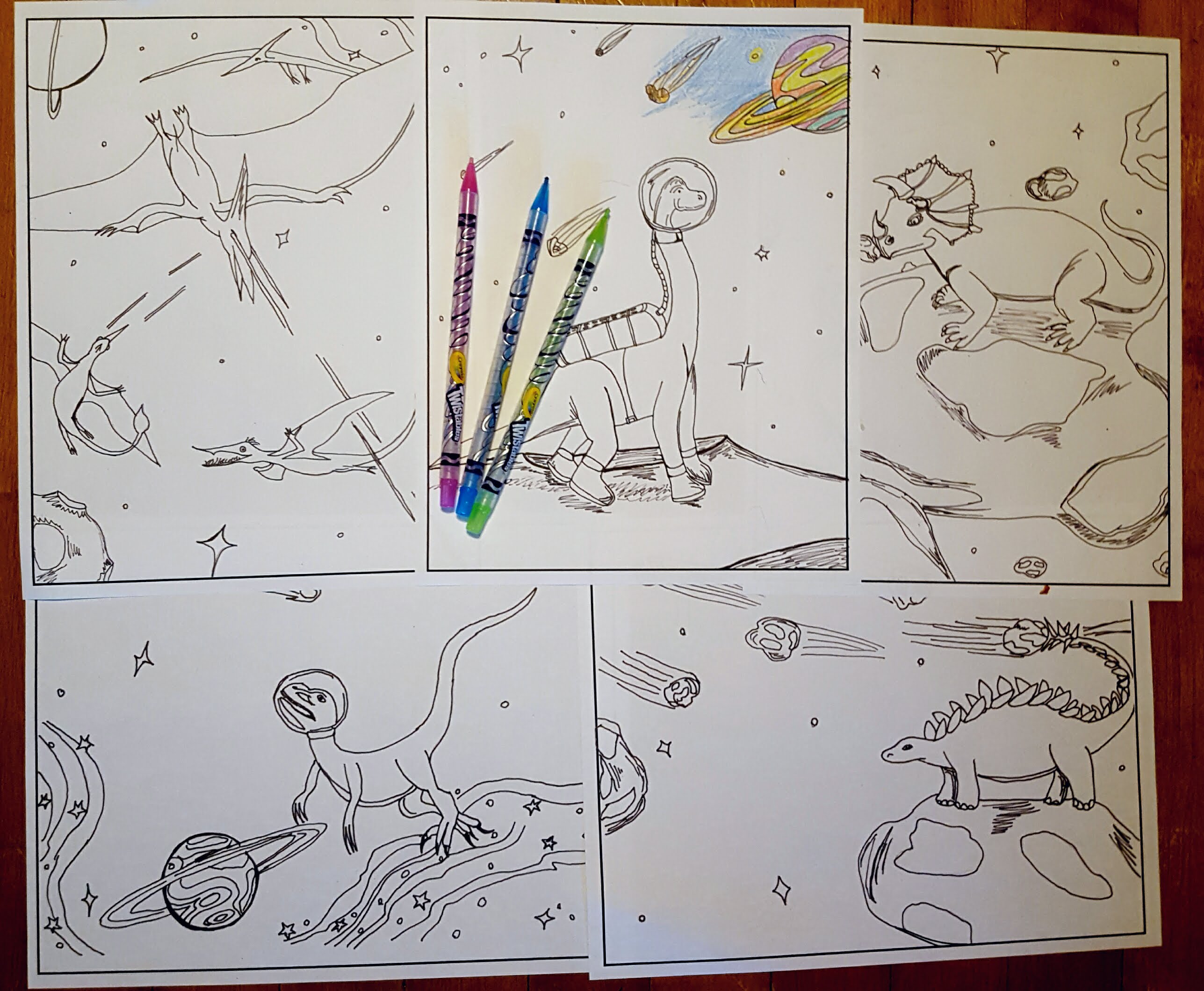 Photo of 5 color pages depicting Dinosaurs in space doing various activities. Pteradactyls with laser eyes, Brachiasaurus walking on the Moon, Stegasaurus batting asteroids with its tail.