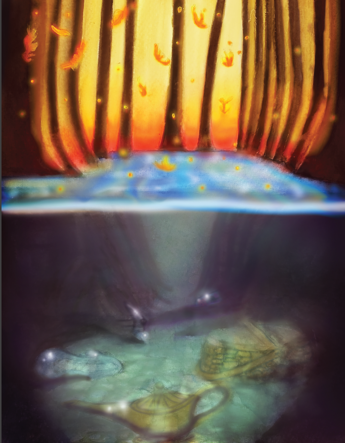 Digital Image of a River in a forest with the sunseting in the background through the trees. The image is split in two so that you can see forgotten treasure under the water such as a lamp, a glass slipper and other blurry items in the murky depths.